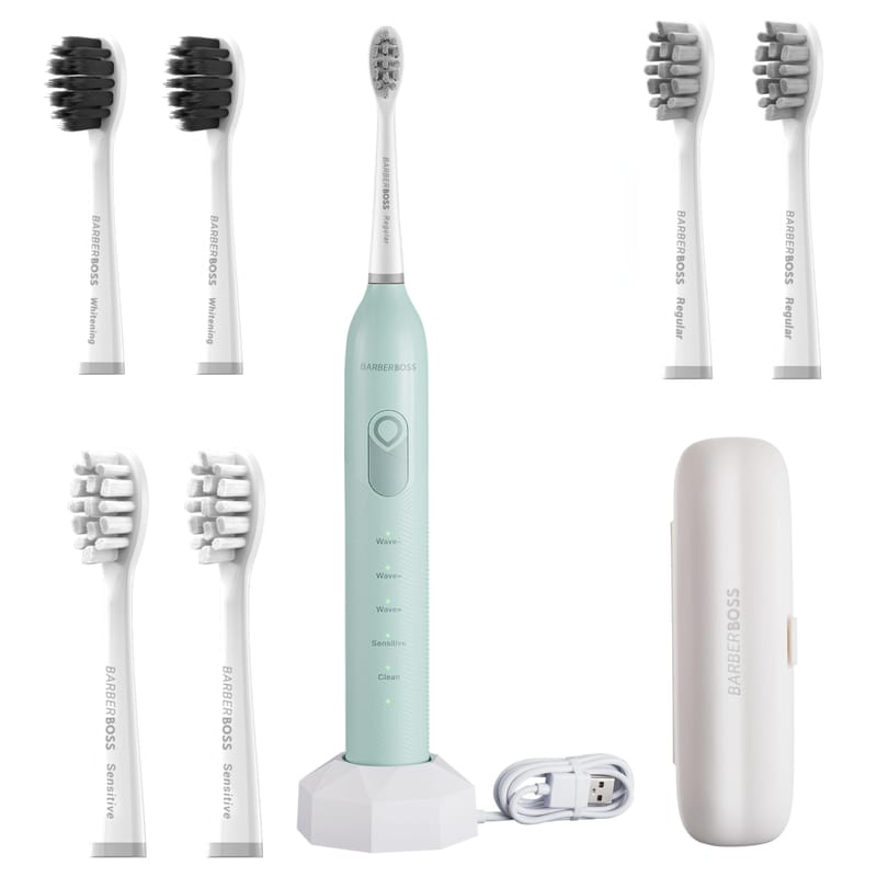 BarberBoss Electric Toothbrush 6 Brush Heads Charger Travel Case