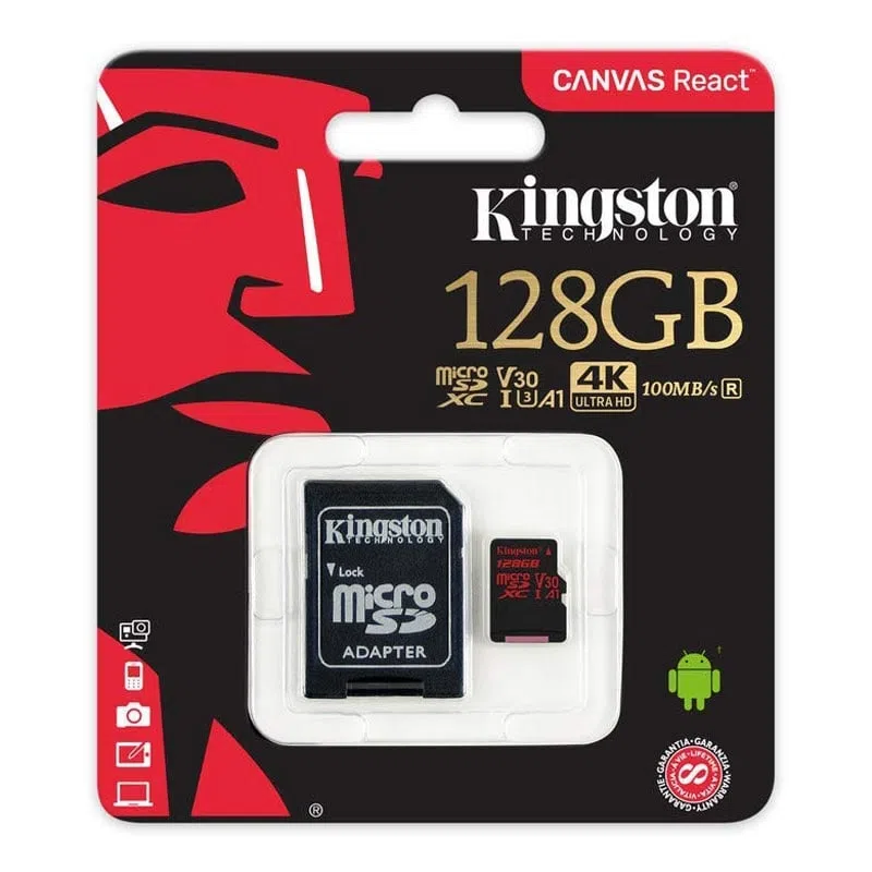 Kingston 128GB 4K UHS-I U3 MicroSDXC with SD Adaptor - 100MB/s Read, 80MB/s Write